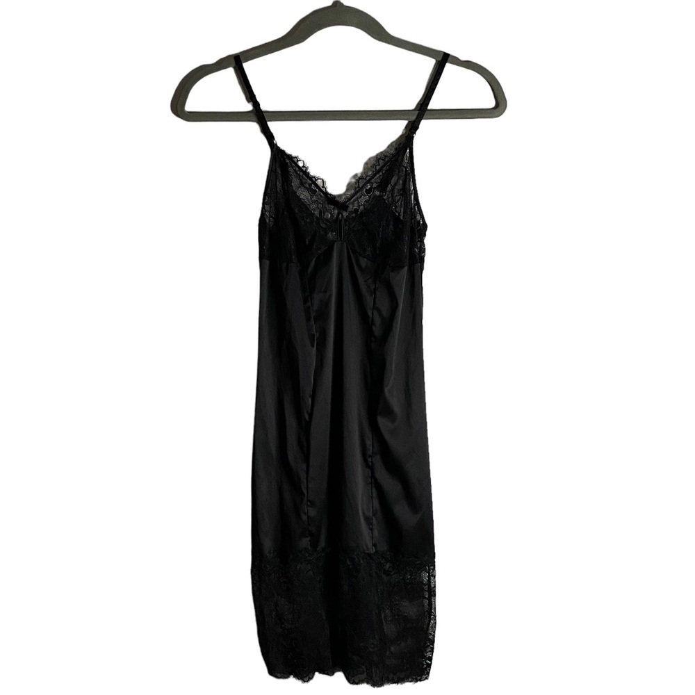 Women's Black Satin Sexy Lace Full Slip Lingerie